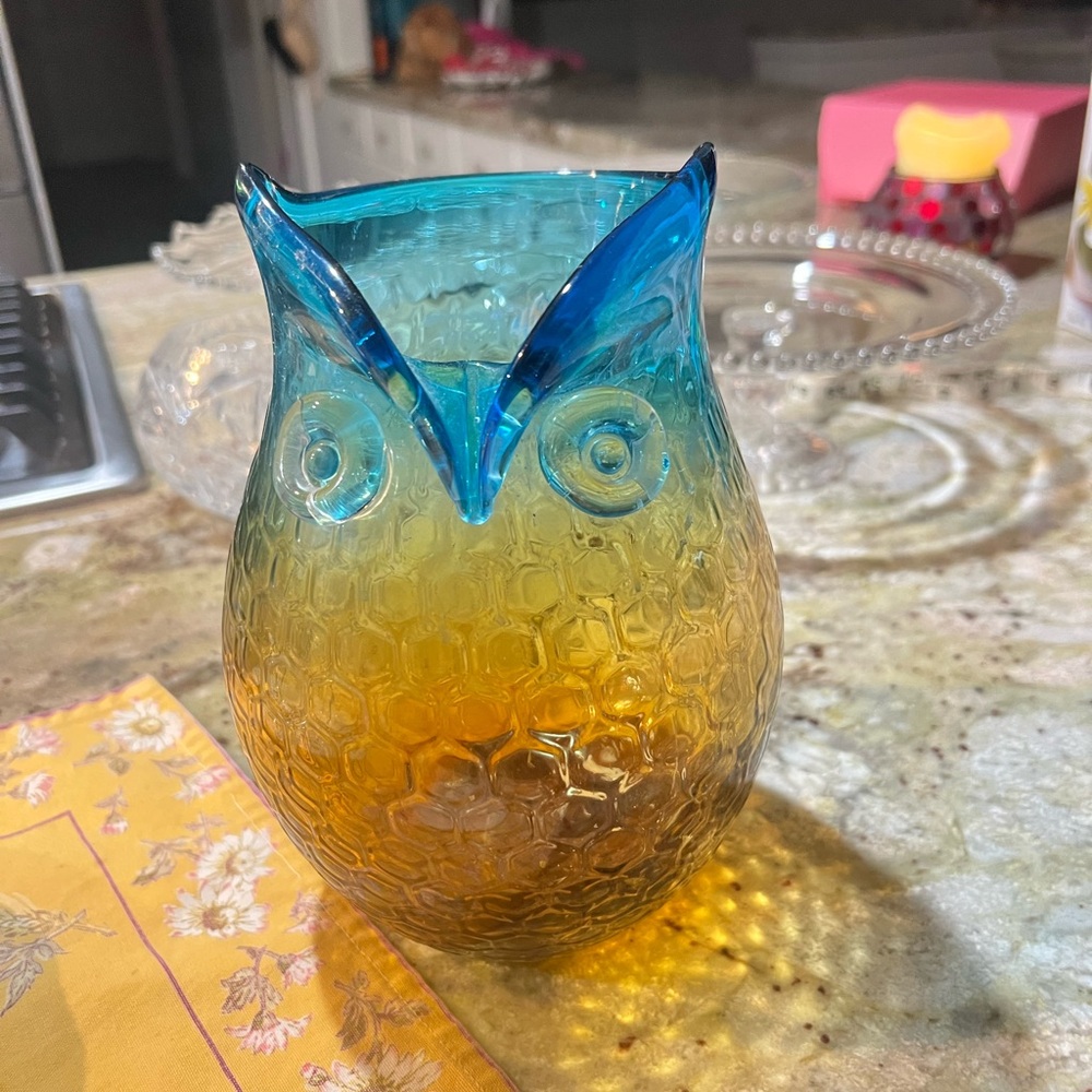 Vibrant Ambre Blue and Orange Glass Owl  Hand Blown  Honeycomb body  Rare Find